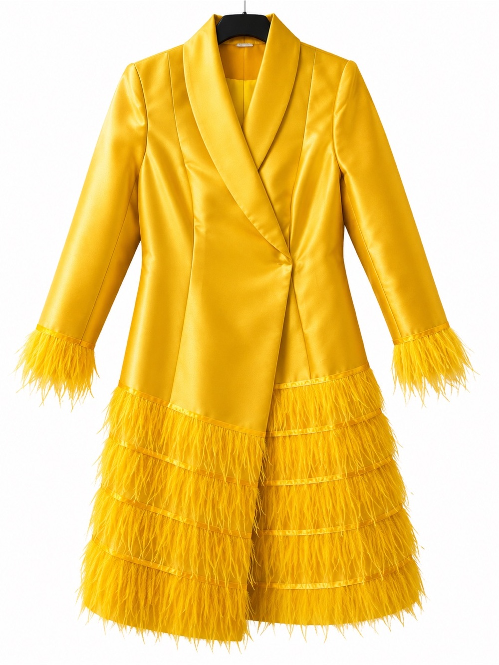 Yellow Feather-Trim Satin Coat - Women